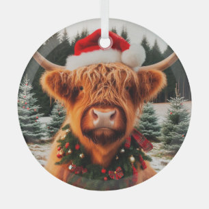 Holiday Highland Cow  Glass Tree Decoration