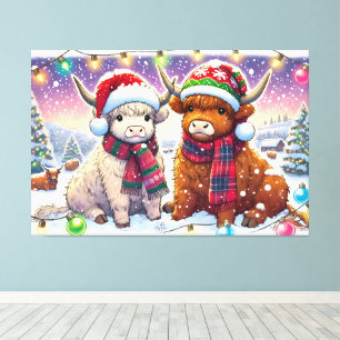 Holiday Highland Cows in Winter Wonderland Manga Canvas Print
