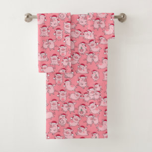 Holiday Hogs Cute Pink Christmas Hat Pigs Bath Towel Set