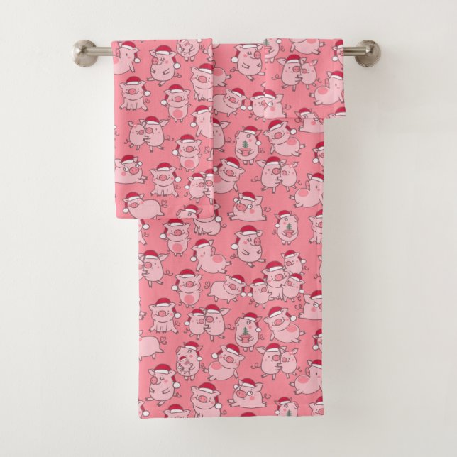 Holiday Hogs Cute Pink Christmas Hat Pigs Bath Towel Set (Insitu)