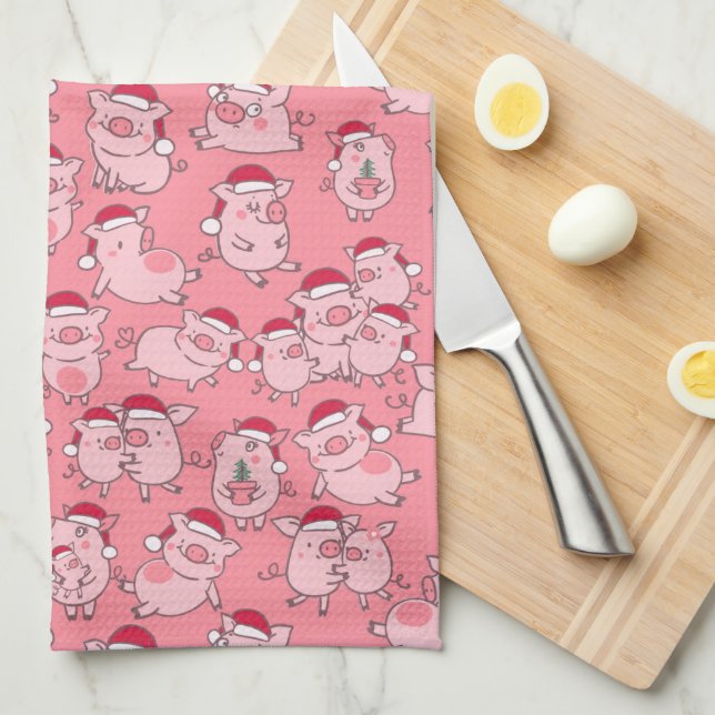 Holiday Hogs Cute Pink Christmas Hat Pigs Tea Towel (Quarter Fold)