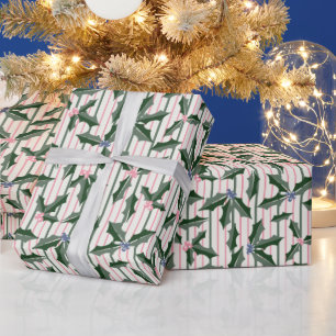 Holiday Holly and Stripe Retro Wrapping Paper