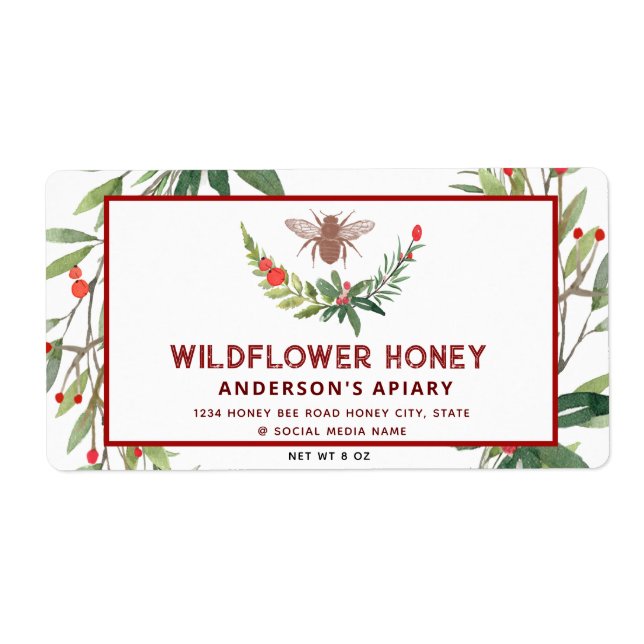 Holiday holly branch honey jar  label (Front)