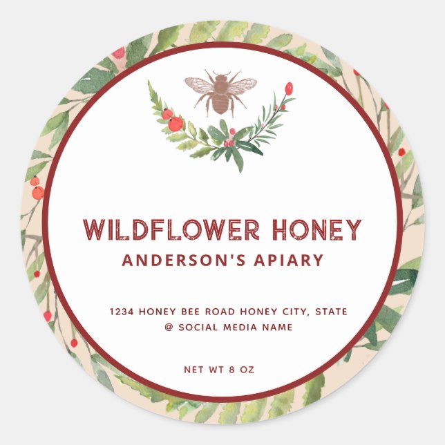 Holiday holly branch honey jar  label (Front)