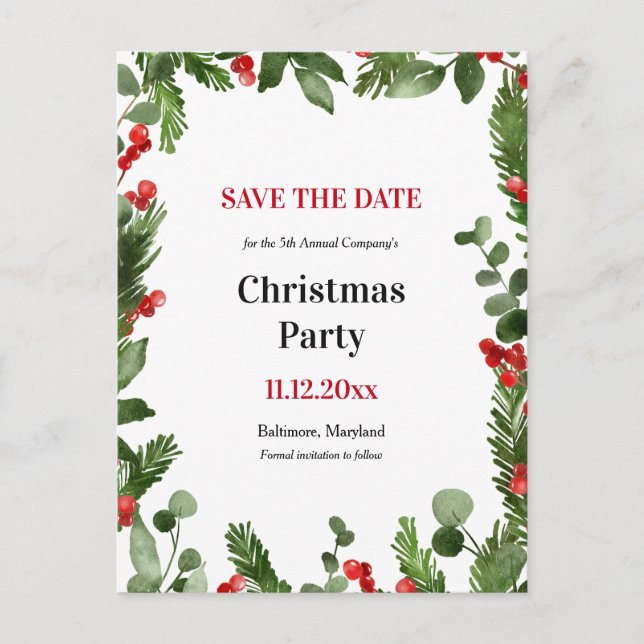 Holiday Holly Leaves Christmas Party Save The Date Announcement Postcard (Front)
