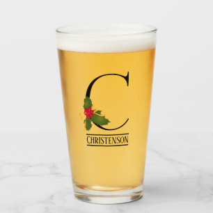 Holiday Holly Monogram C Personalised Beer Glass