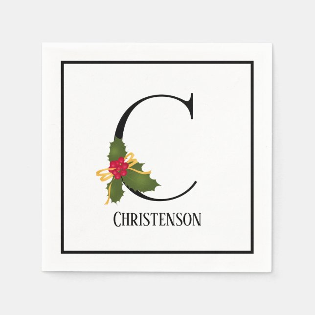 Holiday Holly Monogram Letter C Personalised Paper Napkin (Front)