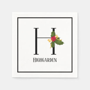 Holiday Holly Monogram Letter H Personalized Paper Napkin
