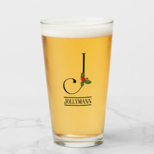 Holiday Holly Monogram Letter J Personalised Beer Glass