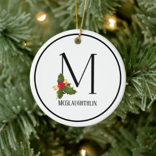 Holiday Holly Monogram Letter M Personalized Ceramic Tree Decoration