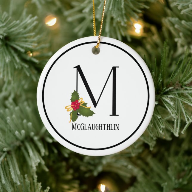Holiday Holly Monogram Letter M Personalized Ceramic Tree Decoration (Tree)