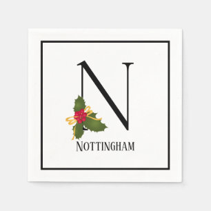 Holiday Holly Monogram Letter N Personalized Paper Napkin