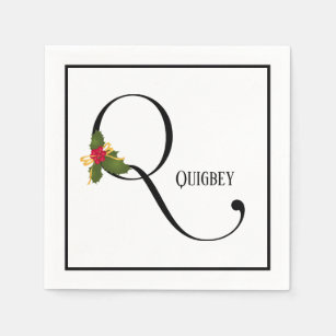 Holiday Holly Monogram Letter Q Personalised Paper Napkin