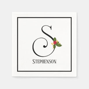 Holiday Holly Monogram Letter S Personalized Paper Napkin