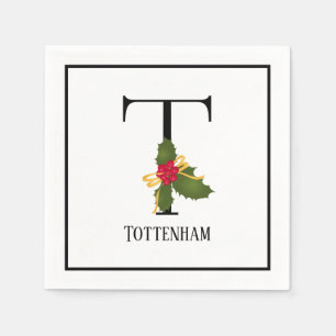 Holiday Holly Monogram Letter T Personalised Paper Napkin