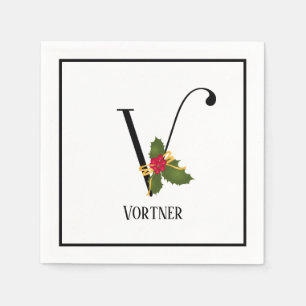 Holiday Holly Monogram Letter V Personalized Paper Napkin