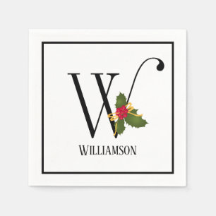Holiday Holly Monogram Letter W Personalized Paper Napkin