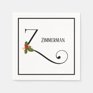Holiday Holly Monogram Letter Z Personalized Paper Napkin