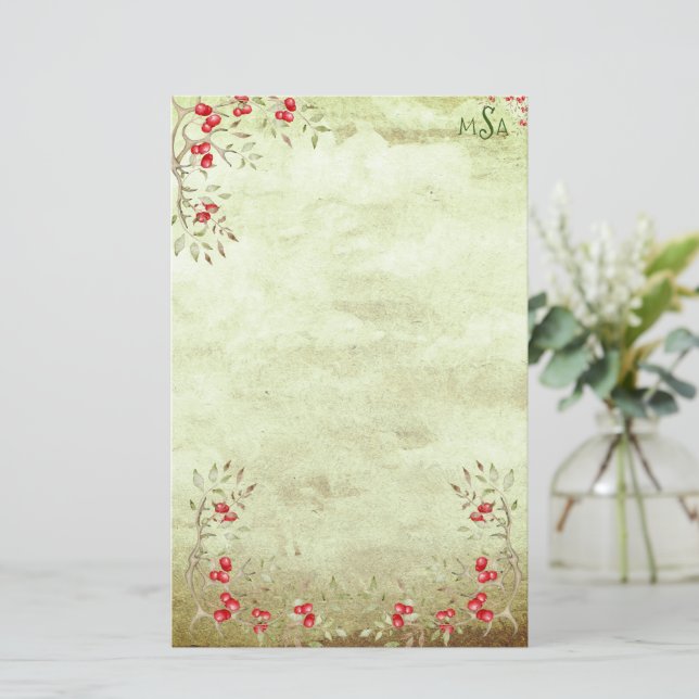 Holiday Holly Personalised Script Vintage Rustic Stationery (Standing Front)