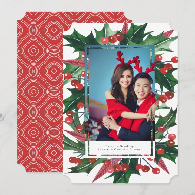 Holiday Holly Photo Frame Personalised Card (Front/Back)
