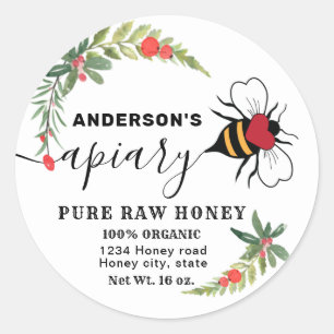 Holiday holly script apiary honey jar classic round sticker