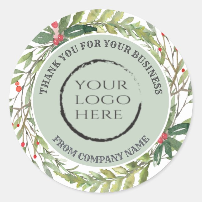Holiday holly wreath thank you custom logo classic round sticker (Front)