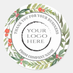 Holiday holly wreath thank you custom logo classic round sticker