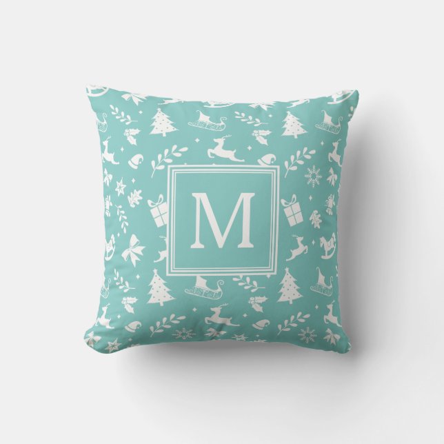 Holiday Home Decor Pastel Teal Monogram Cushion (Front)