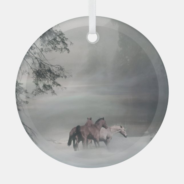 Holiday Horses in Snow Christmas Glass Tree Decoration (Front)