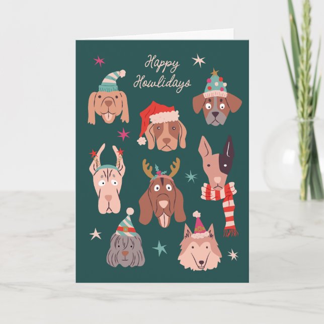 Holiday Howls Christmas Dogs Green Greeting Card (Front)