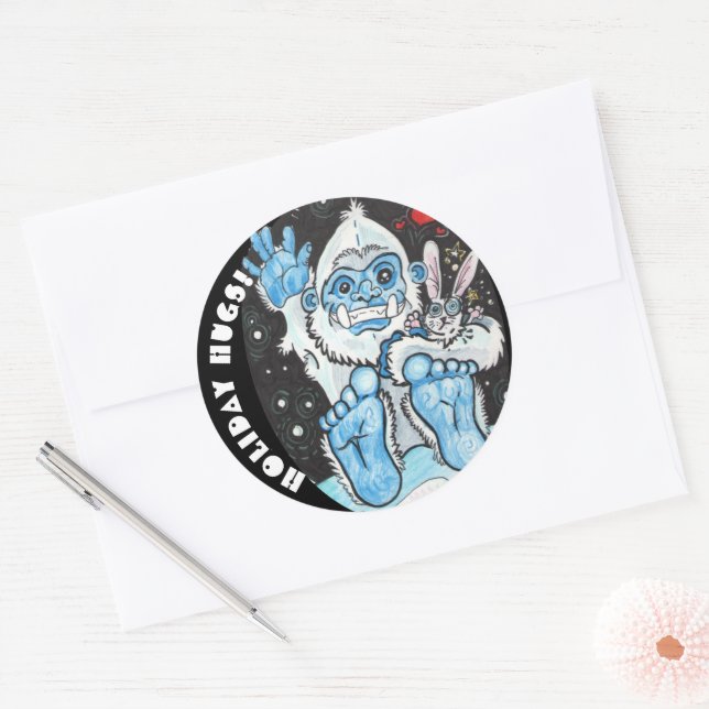 Holiday Hugs Yeti! Classic Round Sticker (Envelope)