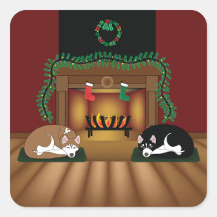 Holiday Huskies by the Fireplace Sickers Square Sticker
