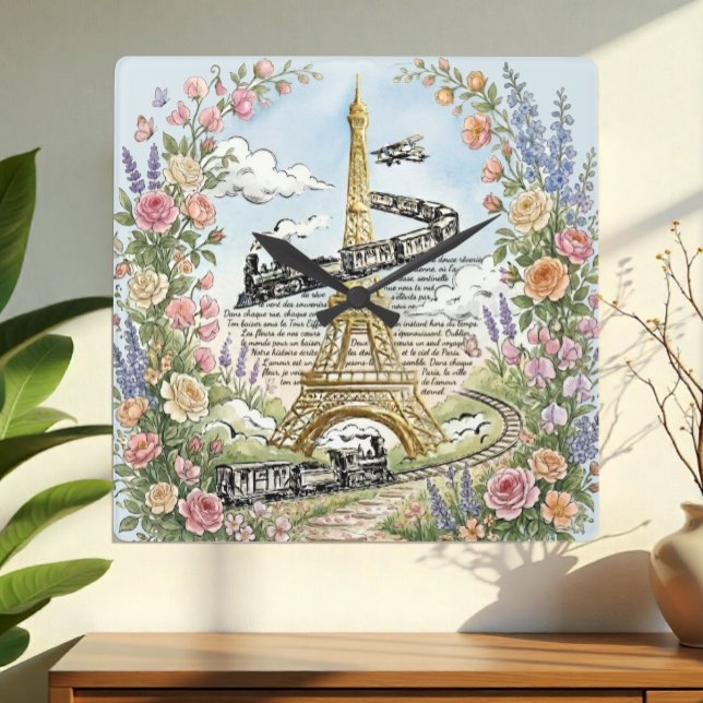 Holiday in Paris Clock, Eiffel Tower, French Art Square Wall Clock (Holiday in Paris Clock / Eiffel Tower Romantic French Art)