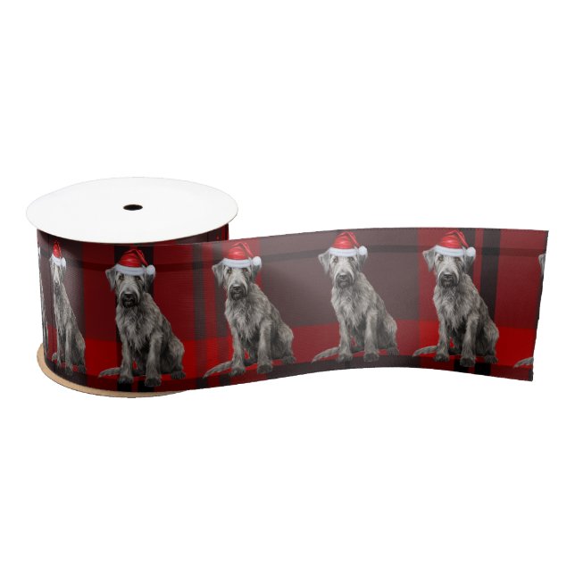 Holiday Irish Wolfhound Dog Red Christmas Plaid Satin Ribbon (Spool)