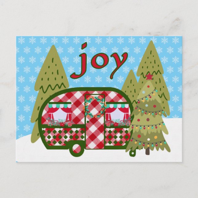 Holiday Joy Cheerful Vintage Camper Trailer Postcard (Front)