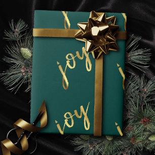 Holiday Joy Classic Gold Marker Script on Green Wrapping Paper