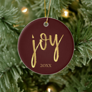 Holiday Joy   Classic Gold Marker Script on Red Ceramic Tree Decoration