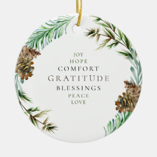 Holiday Joy Hope Peace Love Pine Cone Custom Name Ceramic Tree Decoration