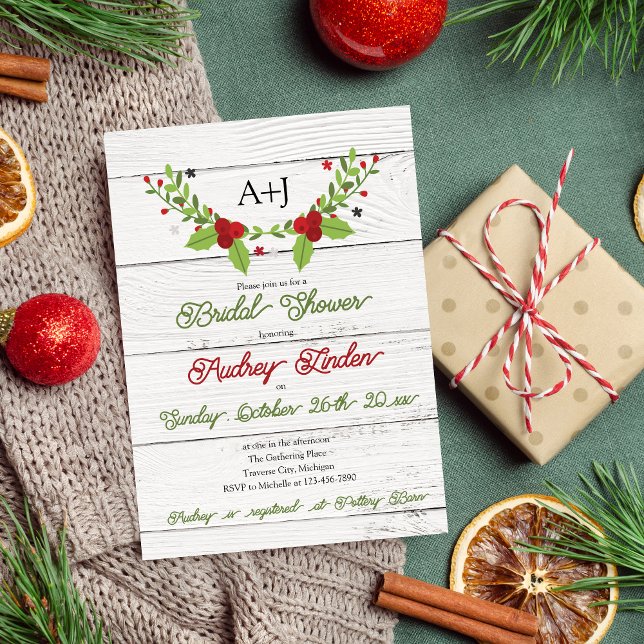 Holiday Joy Poinsettia Wood Bridal Shower Invitati Invitation (Creator Uploaded)