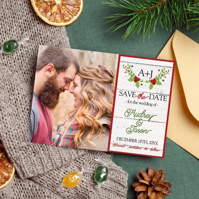 Holiday Joy Poinsettia Wood Save The Date (Creator Uploaded)