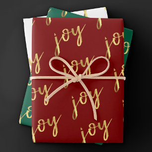 Holiday Joy Script Faux Gold Foil in Multi Colou Wrapping Paper Sheet
