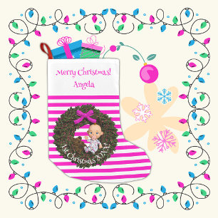 Holiday Joy Striped Keepsake Baby Girl's 1st Small Christmas Stocking