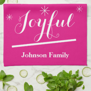 Holiday Joyful Kitchen Personalised Name Cool Pink Tea Towel