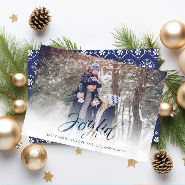 Holiday Joyful Script Blue White Snowflake 1 Photo Card (Christmas "Joyful" Holiday photo card with a white feathered edge. )