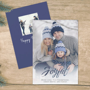 Holiday Joyful Script Blue White Snowflake 1 Photo Card