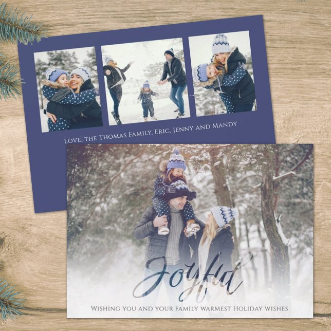 Holiday Joyful Script Blue White Snowflake 4 Photo Card (Creator Uploaded)