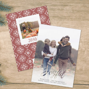 Holiday Joyful Script Red Winter Snowflake 1 Photo Card
