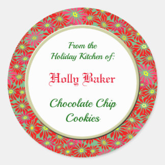 Holiday Kitchen of Red Poinsettia on Green Baking Classic Round Sticker