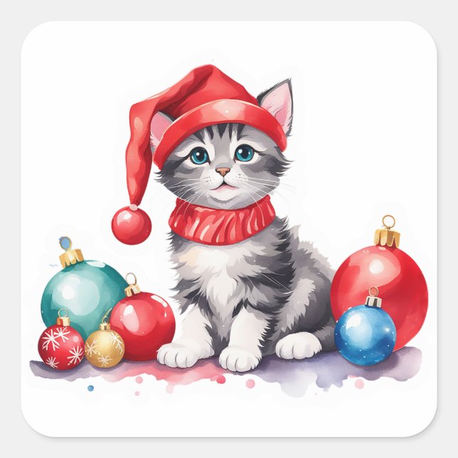 🎨 Holiday Kitten Playing with Christmas Ornaments Square Sticker (Front)