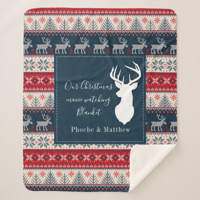 Holiday Knitting Pattern Christmas Personalised  Sherpa Blanket (Front)